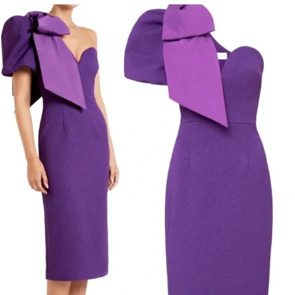 Rebecca Vallance Rumi Bow One Shoulder Sweetheart Sheath Dress in Purple